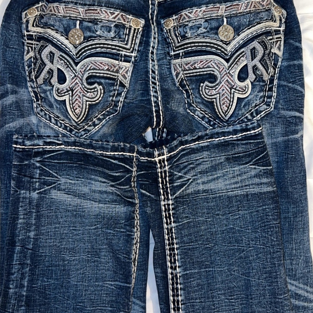 Rock Revival Blue Boot Cut Jeans with Embellished Pockets